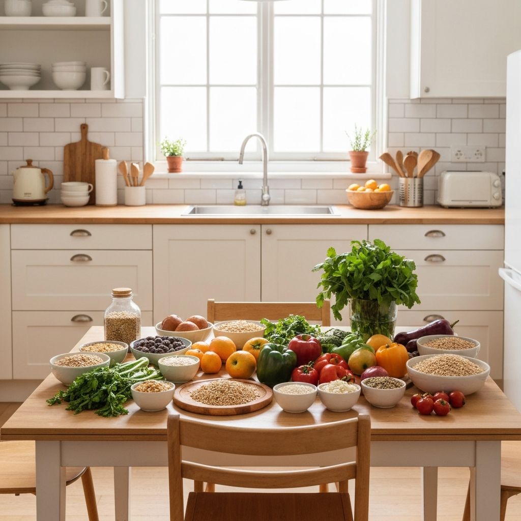 Mesa con alimentos frescos y opciones variadas